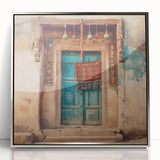 Mid-century modernist art depicting an Indian architecture door in silver framed acrylic, suitable for nursery wall art.
