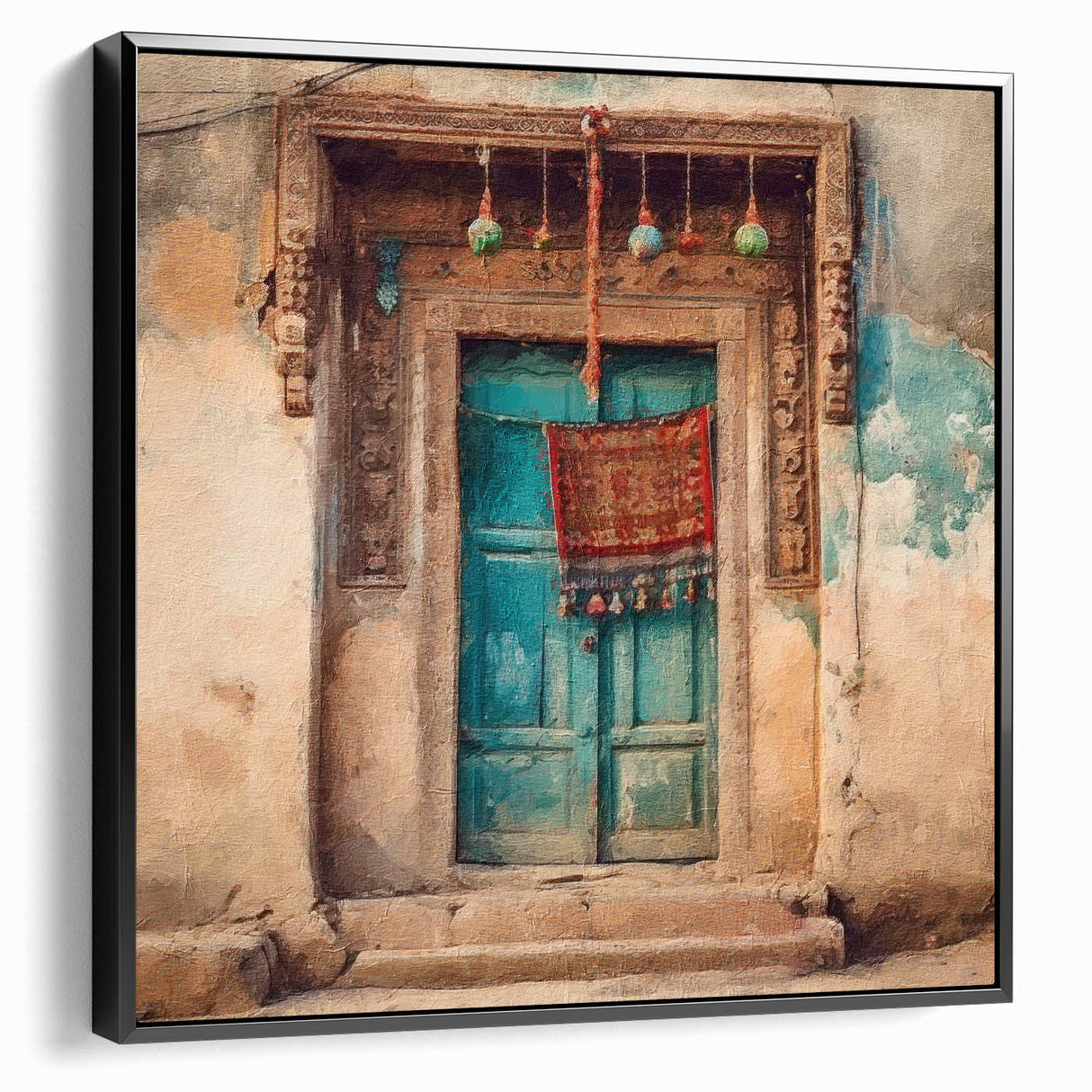 Black and white framed canvas of an Indian architecture door, ideal for bedroom wall art.