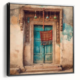 Black and white framed canvas of an Indian architecture door, ideal for bedroom wall art.