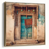 Framed canvas wall art featuring a detailed depiction of an ornate Indian door in silver and gold, ideal for bedroom decor.