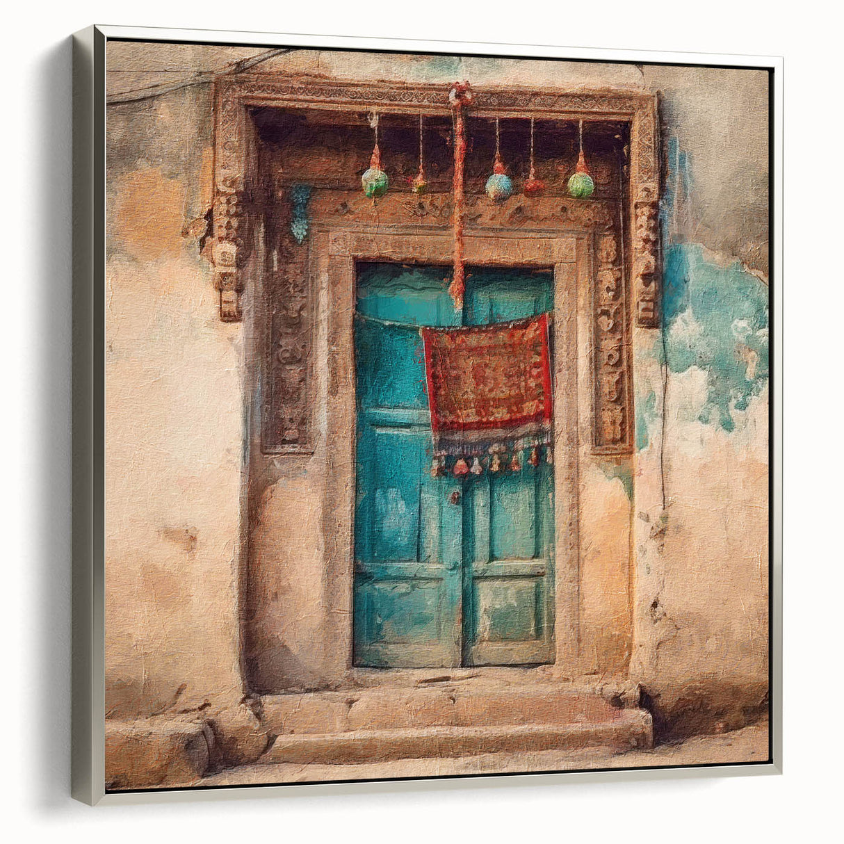 Framed canvas of a vintage poster featuring an Indian architecture door in black with colorful accents.