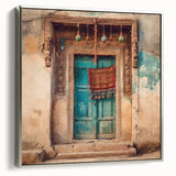 Framed canvas of a vintage poster featuring an Indian architecture door in black with colorful accents.