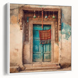 Vintage poster art of an ornate Indian door in vibrant colors on a white framed canvas, ideal for living room decor.