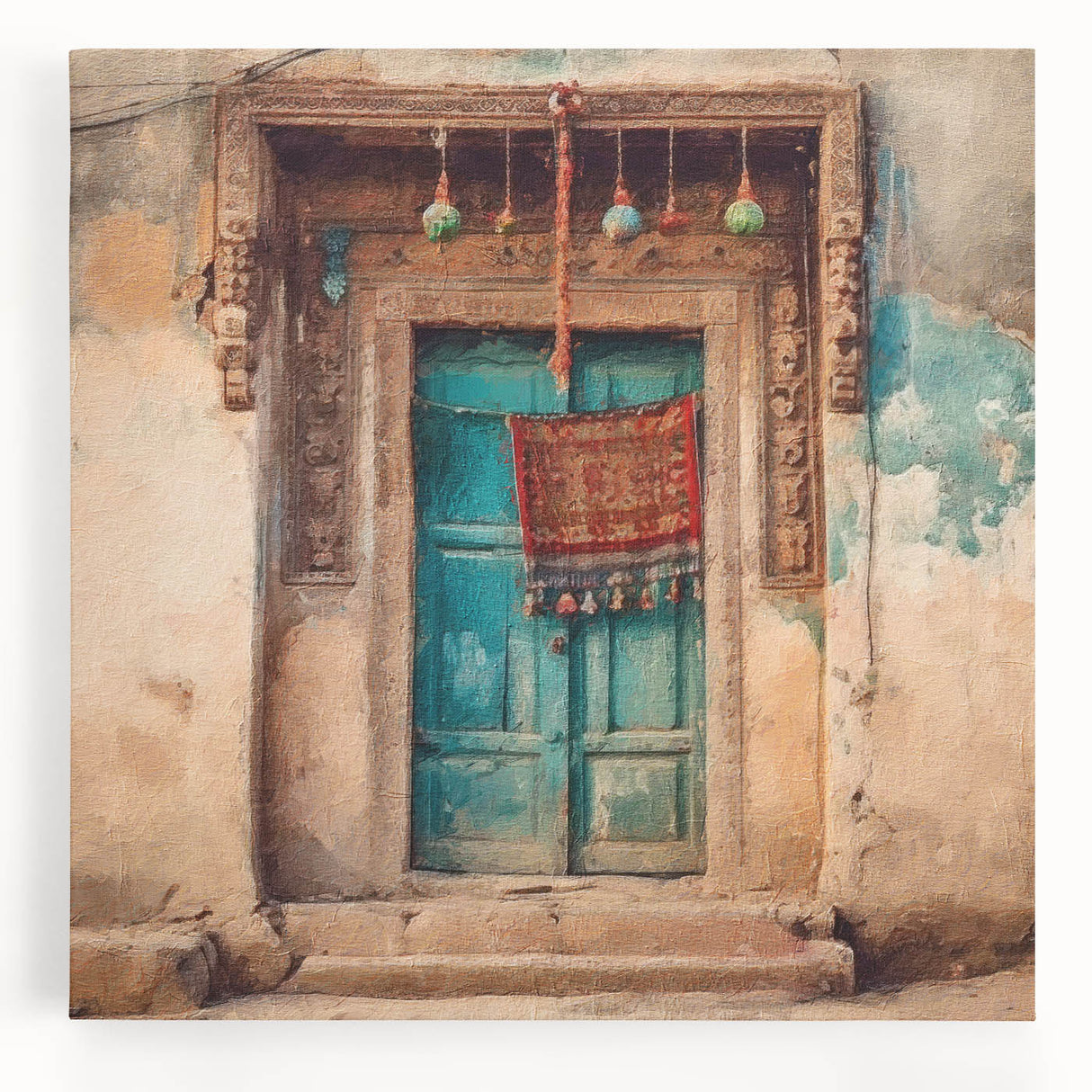 Black and white photograph of an ornate Indian door on stretched canvas, ideal for kitchen wall art.