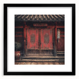 Extra large abstract art print featuring a textured, colorful depiction of a Japanese door, framed in black.