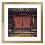 Extra large abstract art print featuring a textured depiction of a Japanese door, in a gold frame with mat.