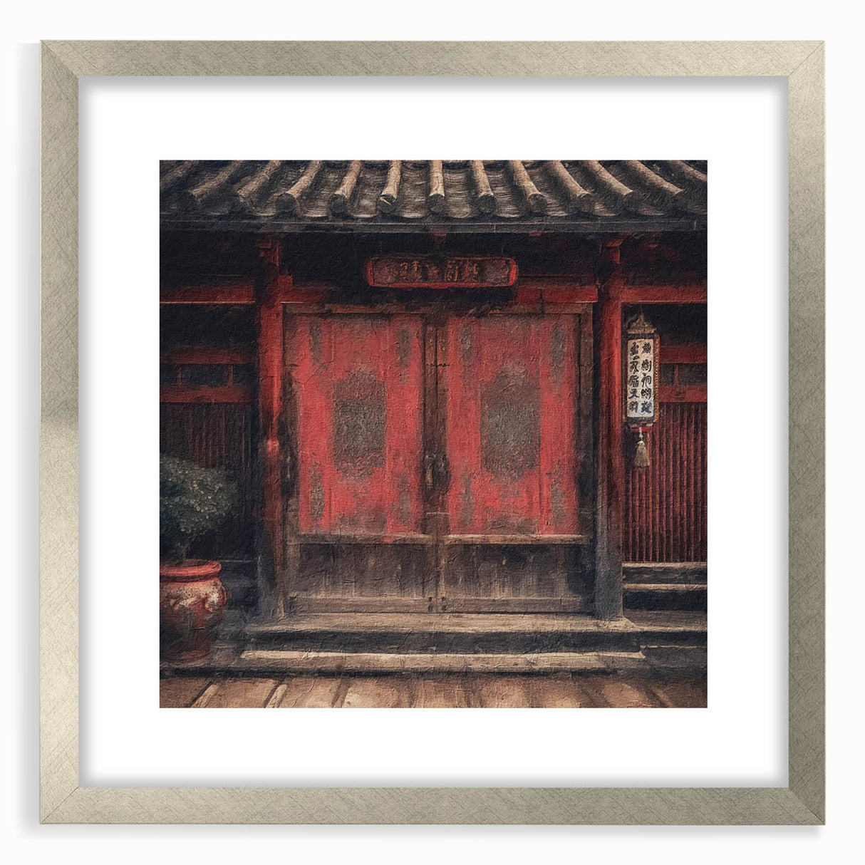 Textured abstract art print of a Japanese door, in muted earth tones on a framed canvas, ideal for bedroom art.