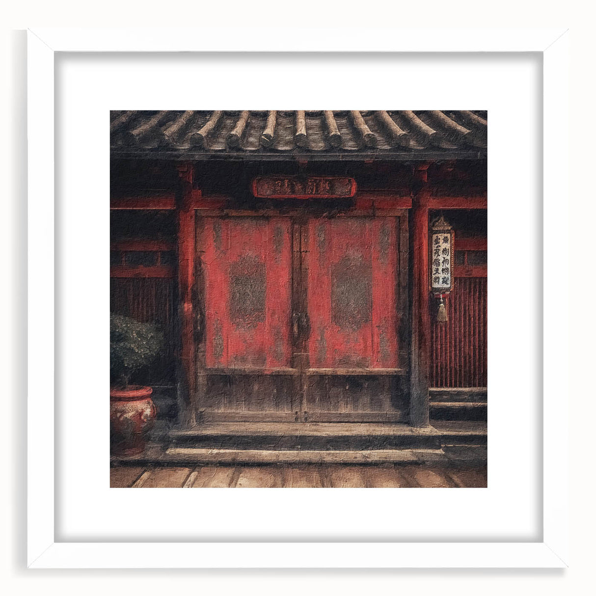 Abstract art print of a Japanese door in muted earth tones, framed with a white mat.