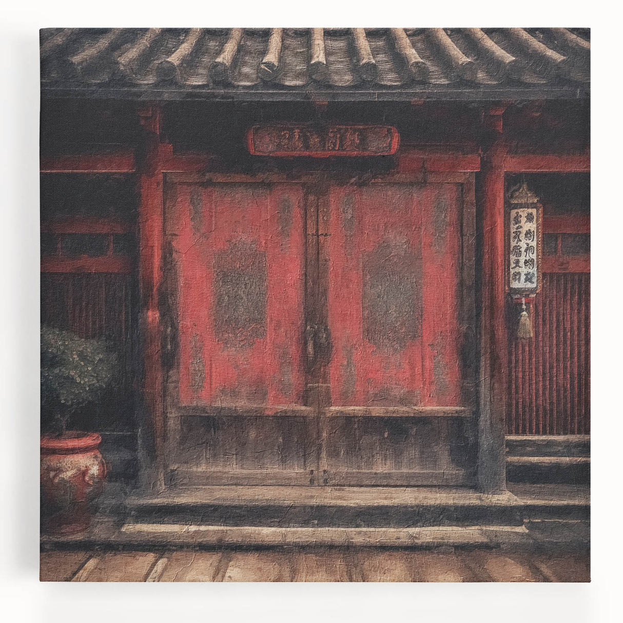 Black and white photo of a Japanese door on stretched canvas, suitable as large kitchen wall art.