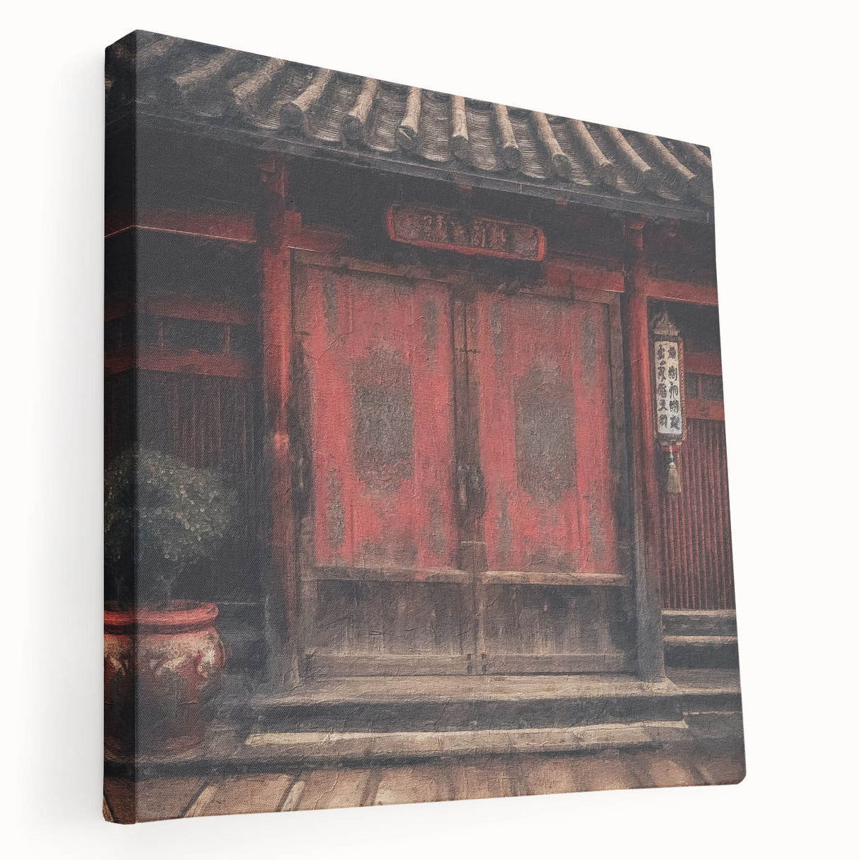 Japanese-style door depicted in muted earth tones on a stretched canvas, well-suited for kitchen wall art.