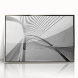 Mid-century modernist cityscape in muted gray and blue tones, framed acrylic print, suitable for nursery wall art.