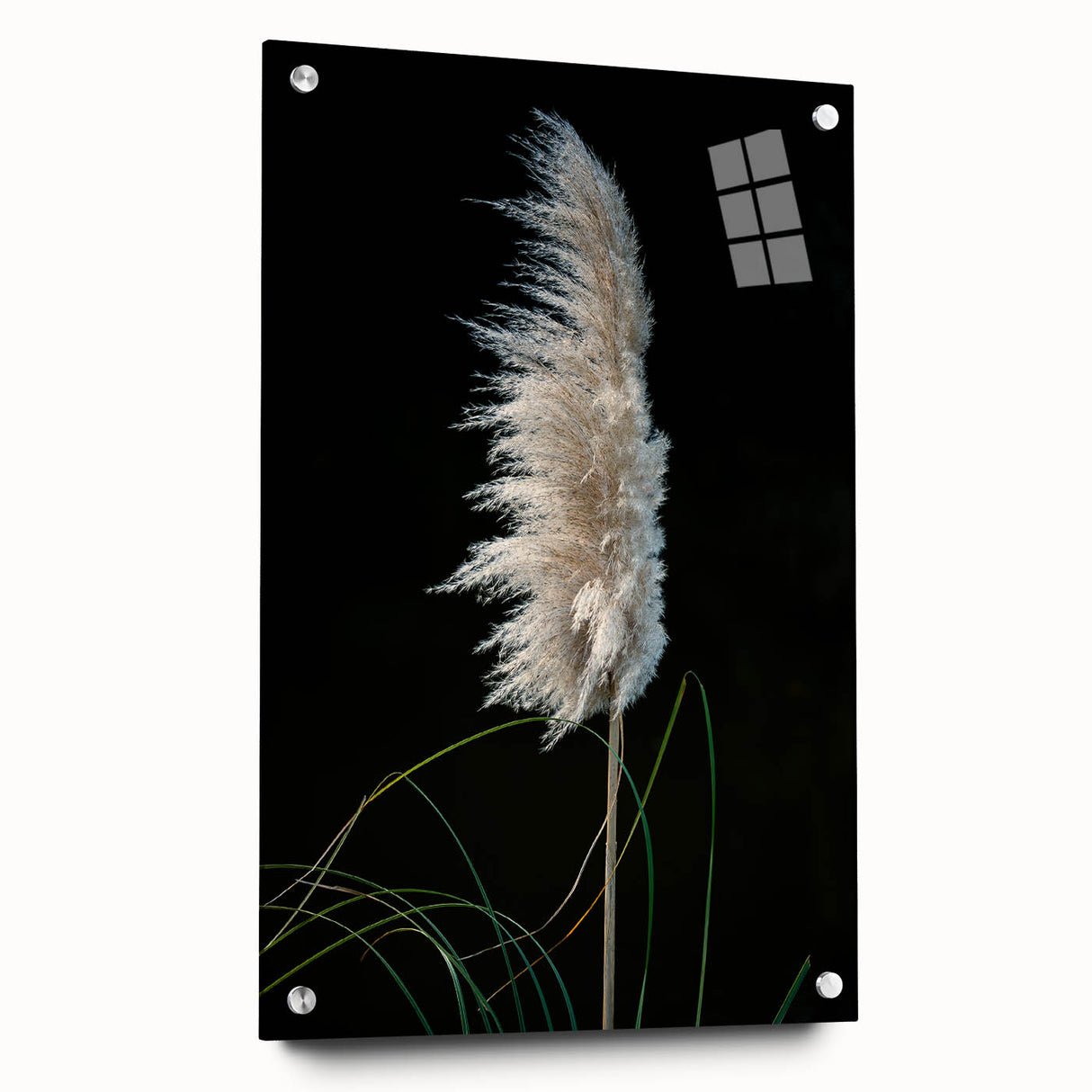 Floral and botanical acrylic glass art piece displayed in profile, showcasing vibrant colors and intricate designs, secured with stylish pins for a modern aesthetic.