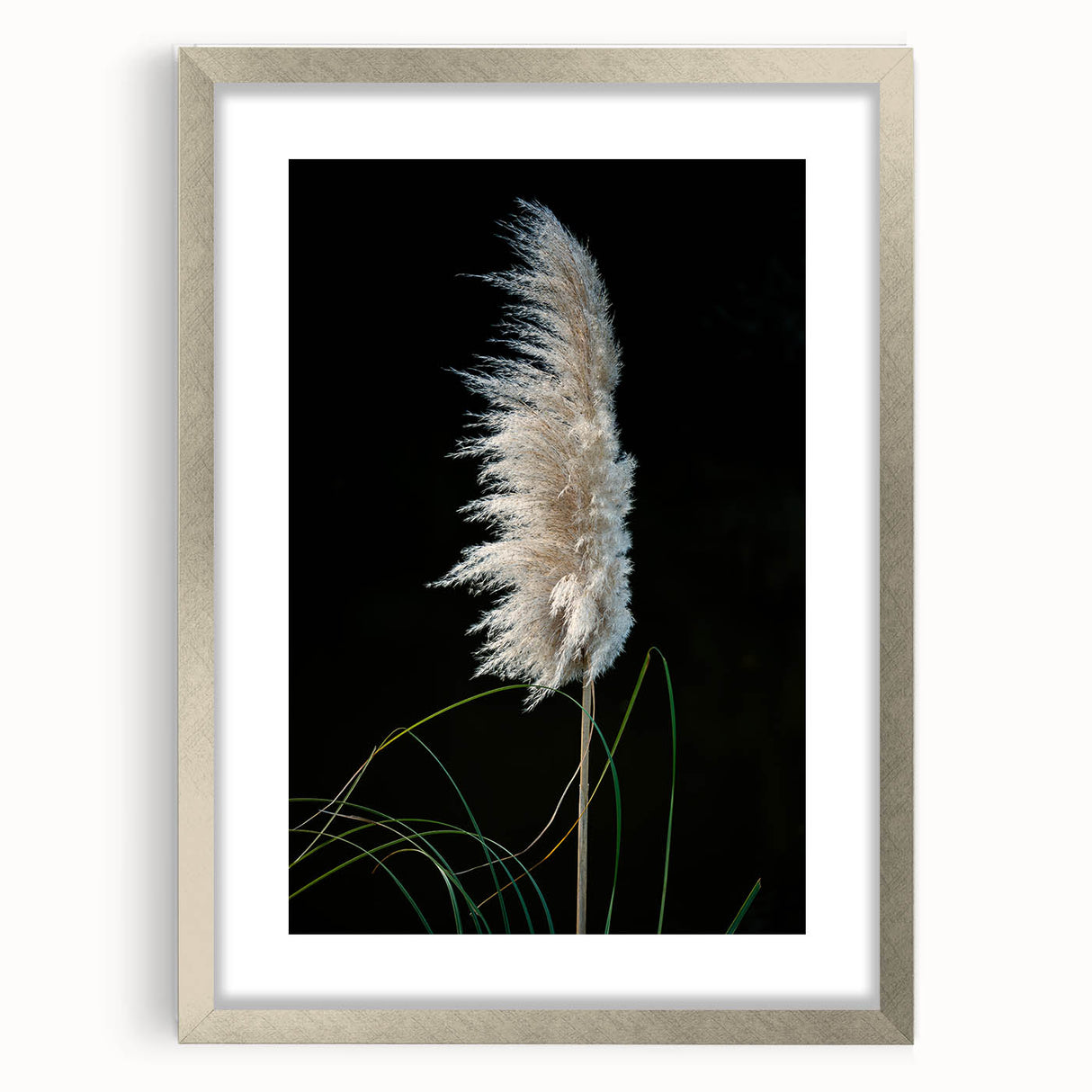 Floral and botanical frame showcasing intricate designs in silver, set against a light mat background, perfect for enhancing home decor or art displays.