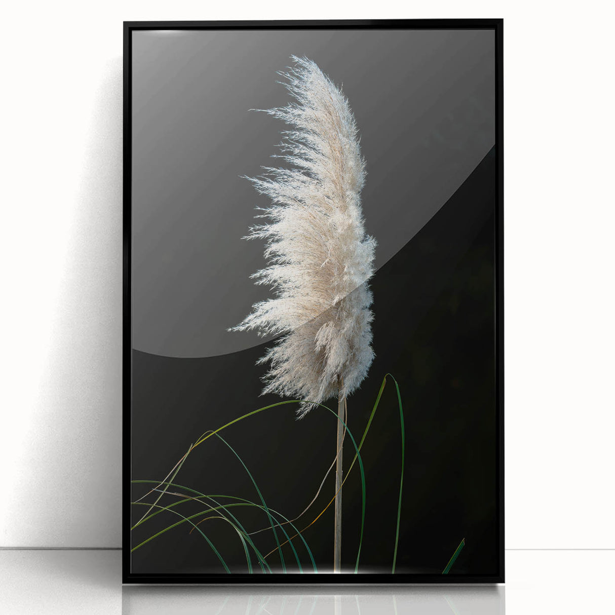 Framed acrylic print showcasing an elegant floral and botanical design with a black border, ideal for home decor and enhancing interior aesthetics.