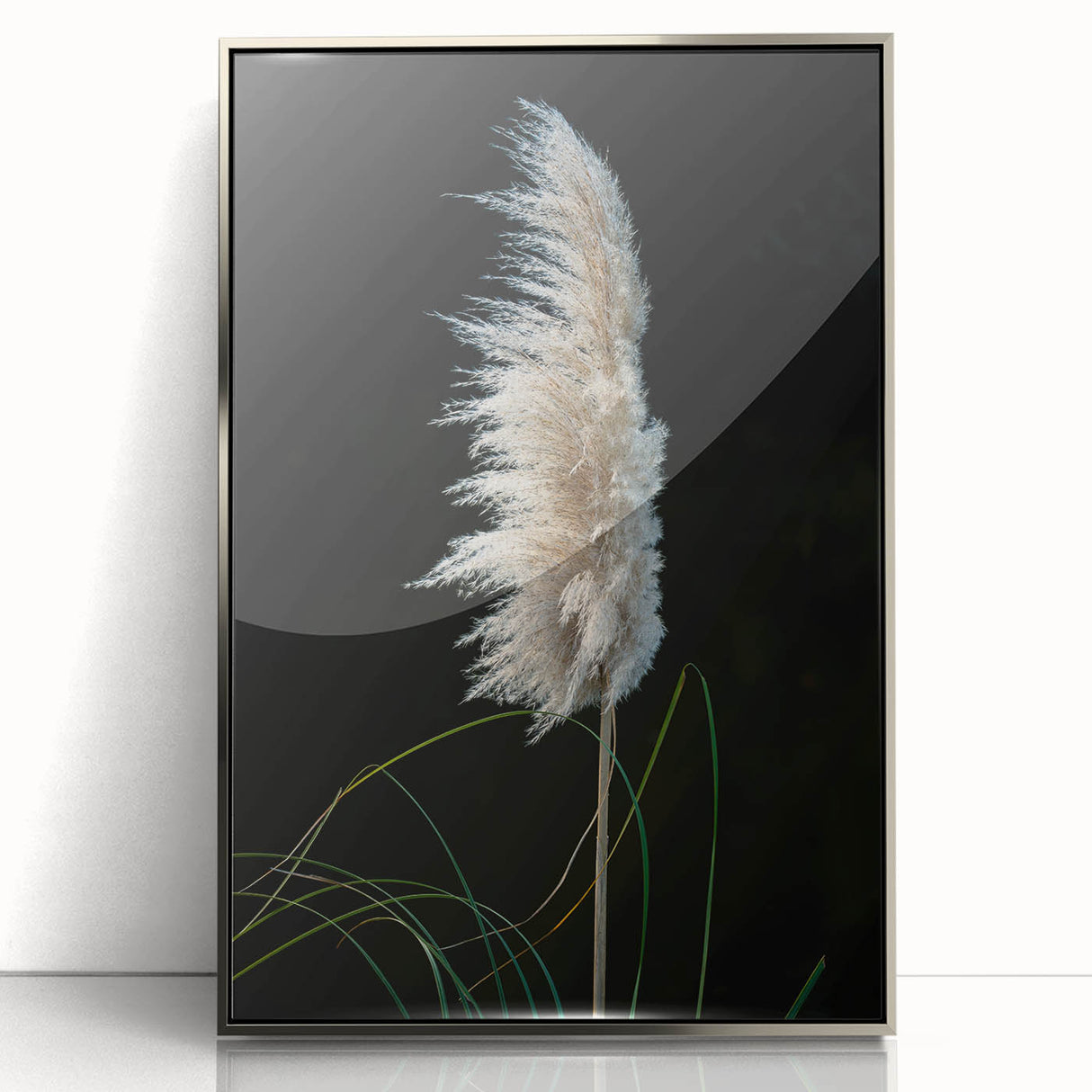 Framed acrylic artwork showcasing a vibrant floral and botanical design in silver, ideal for home decor, featuring intricate details and a modern aesthetic.