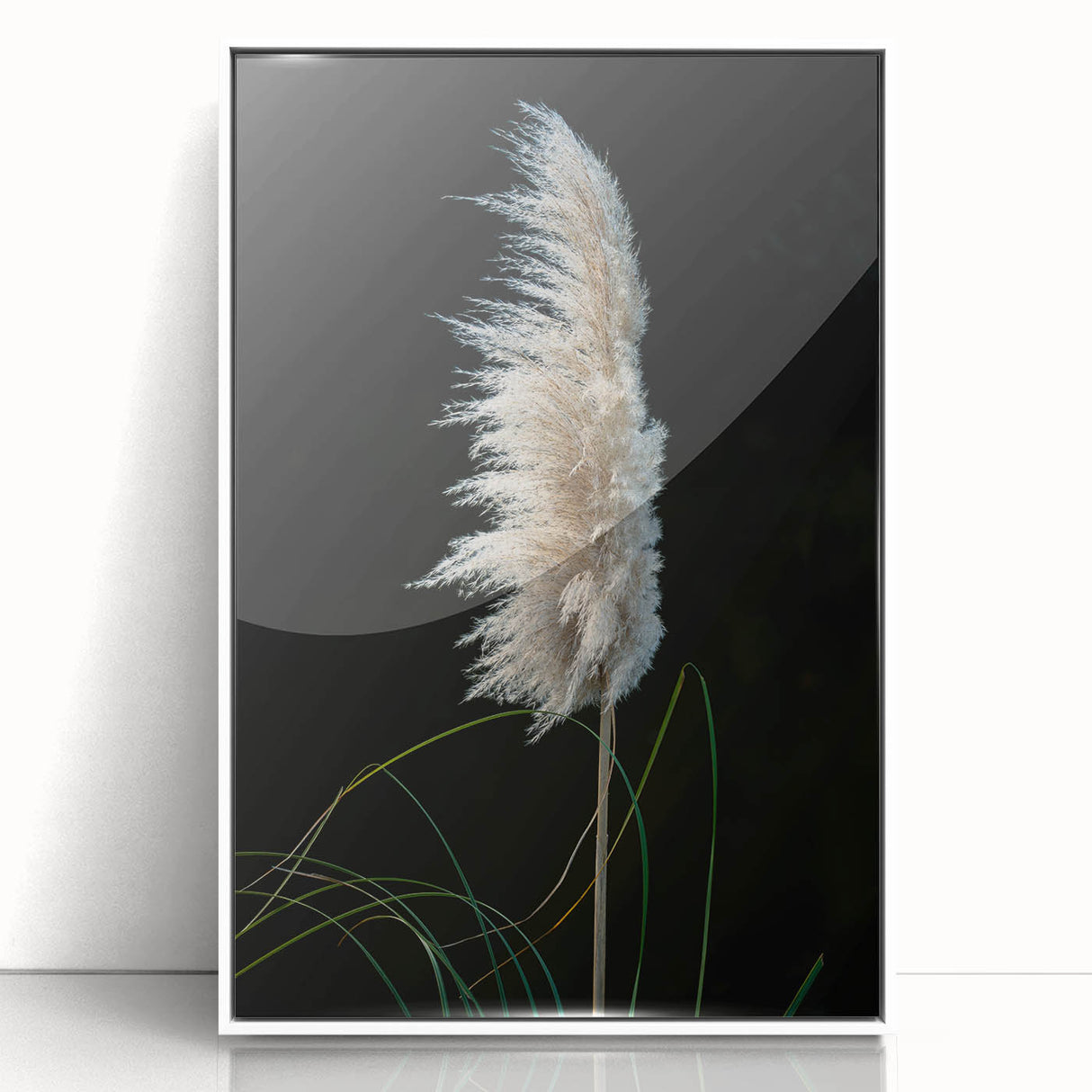 Framed acrylic artwork showcasing a vibrant floral and botanical design set against a white background, ideal for modern home decor. This piece adds a fresh and elegant touch to any interior space.