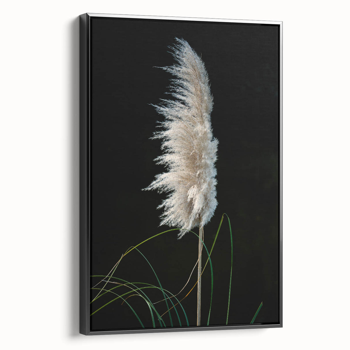Framed canvas artwork showcasing an intricate floral and botanical design on a black background, viewed from the side. Ideal for home decor enthusiasts seeking unique wall art.