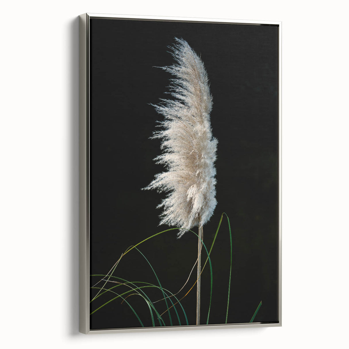 Framed botanical canvas art with a silver frame, showcasing vibrant floral designs. The side view highlights the texture and depth of the artwork, ideal for home decor.