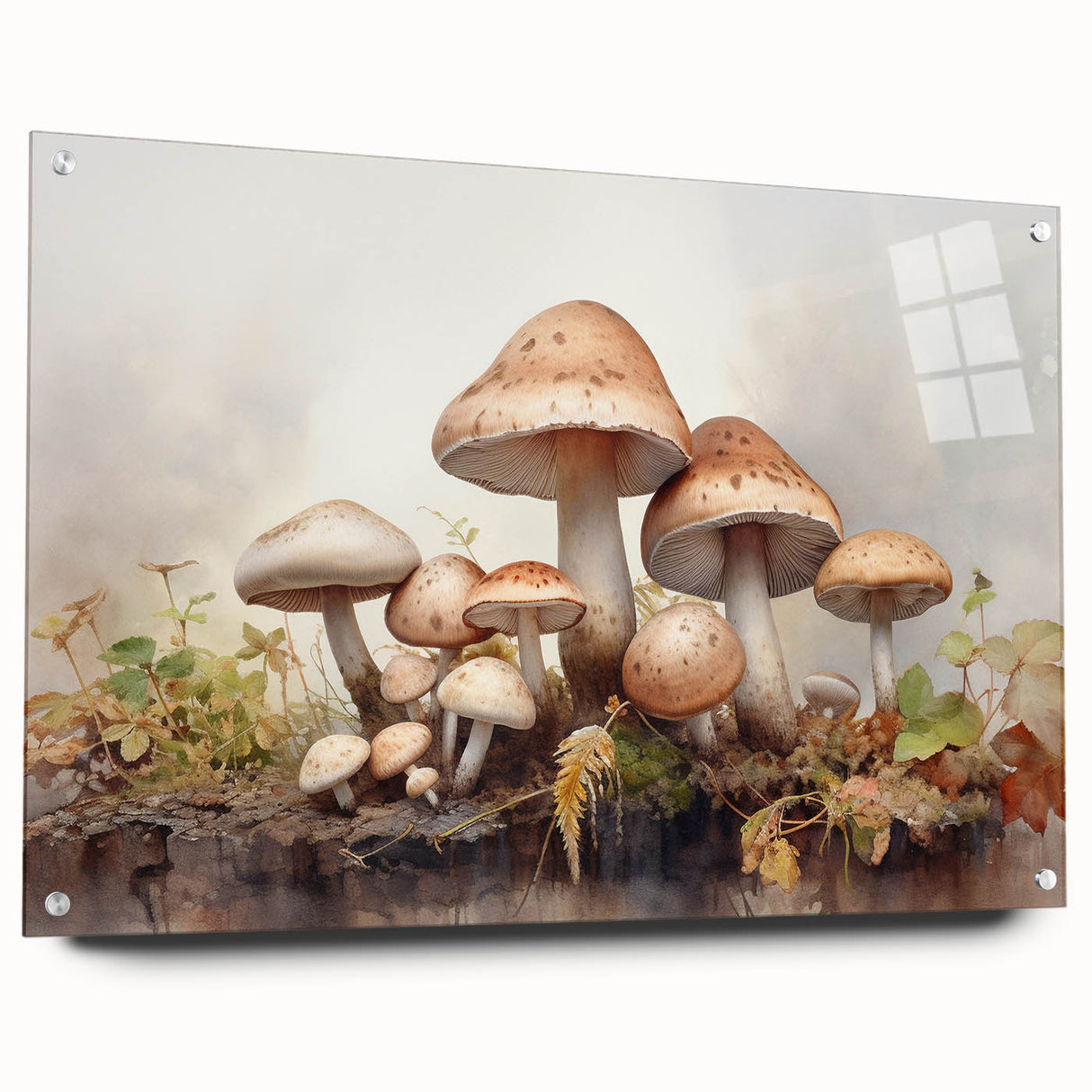 Acrylic glass wall art displaying a vibrant floral and botanical mushroom design, hung with decorative pins, showcasing a side view that highlights its intricate details and colors.