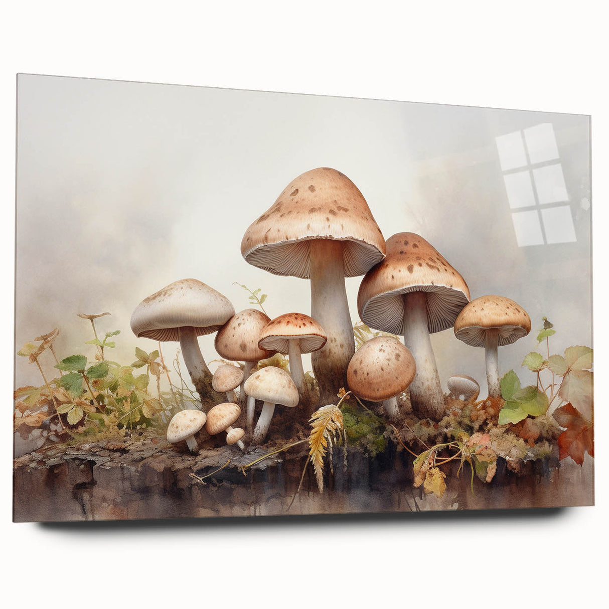 Acrylic glass wall art displaying a vibrant floral and botanical design with colorful mushrooms, showcased in a side view, perfect for modern home decor accents.