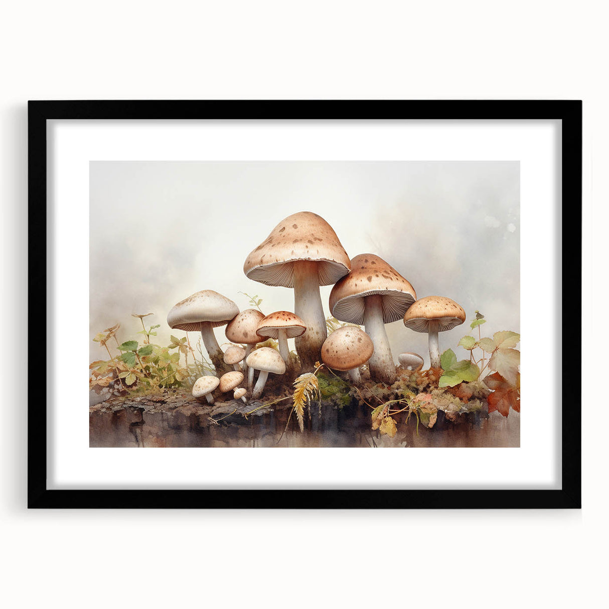 Framed wall art featuring a vibrant floral and botanical design with mushrooms, set against a sleek black frame, ideal for modern home decor.