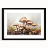 Framed wall art featuring a vibrant floral and botanical design with mushrooms, set against a sleek black frame, ideal for modern home decor.