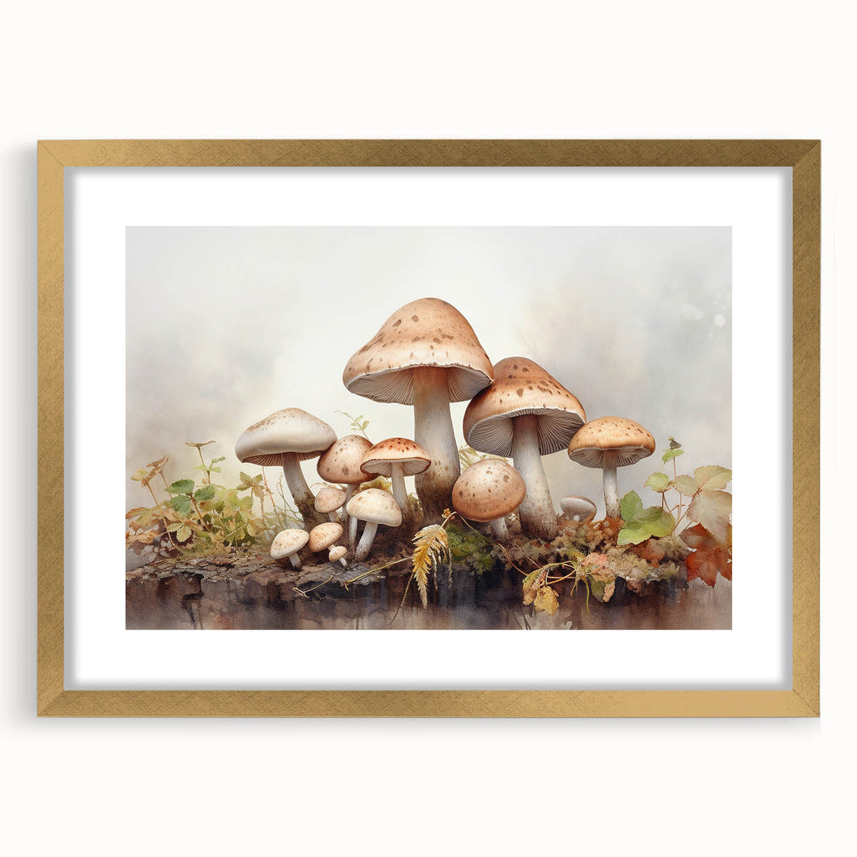Floral and botanical wall art featuring vibrant mushrooms in a gold frame with matting, showcasing intricate details and a modern aesthetic for home decor.