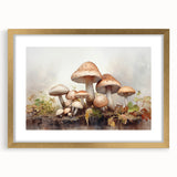 Floral and botanical wall art featuring vibrant mushrooms in a gold frame with matting, showcasing intricate details and a modern aesthetic for home decor.