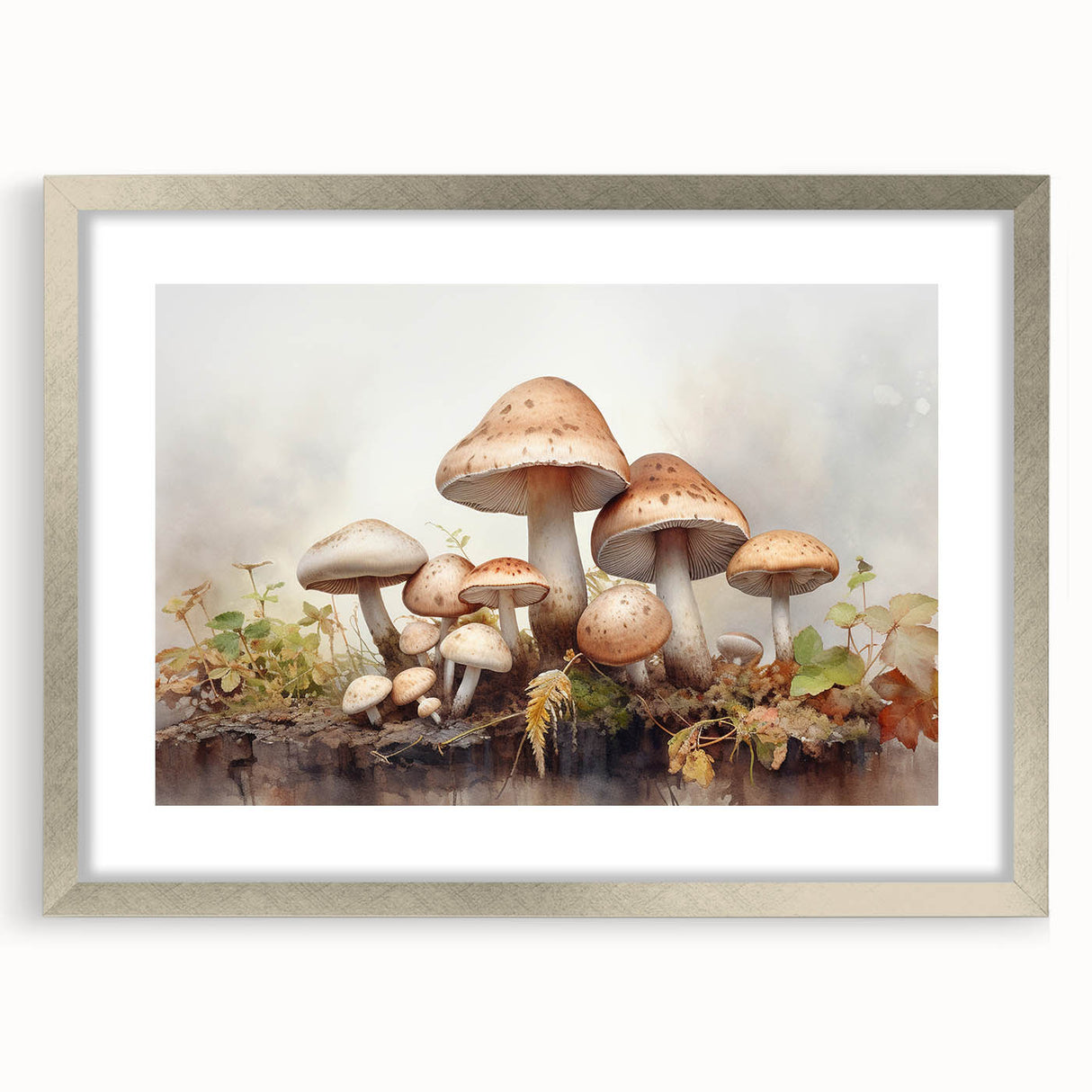 Framed botanical wall art featuring vibrant flowers and mushrooms, set in a sleek silver frame with a mat, perfect for adding a touch of nature to any decor.