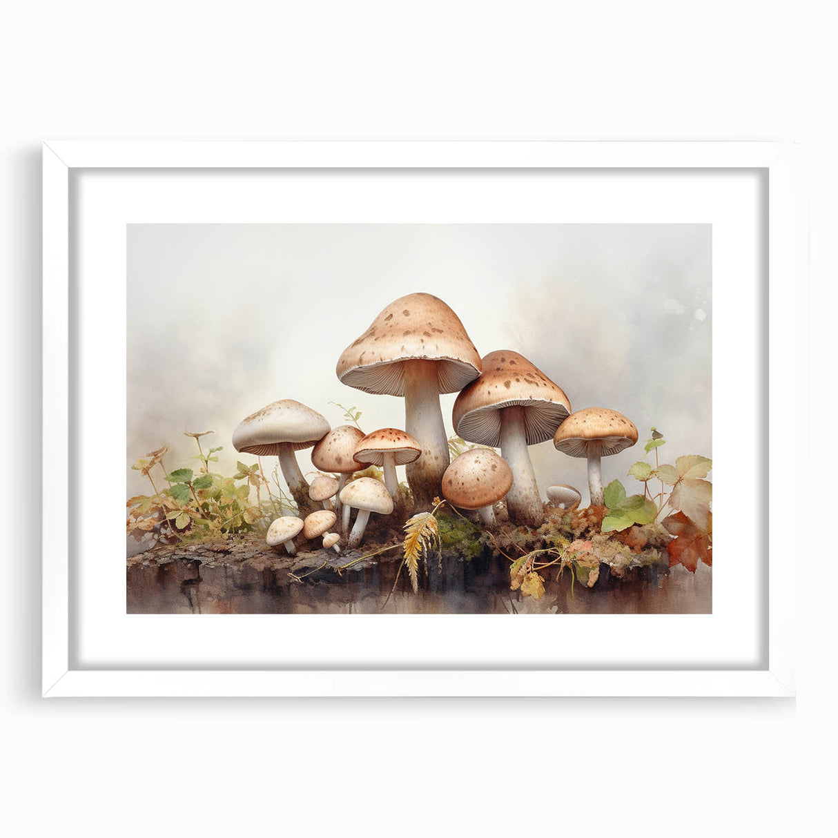 Framed botanical wall art featuring vibrant flowers and mushrooms on a white background, ideal for home decor and nature-inspired aesthetics.