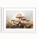Framed botanical wall art featuring vibrant flowers and mushrooms on a white background, ideal for home decor and nature-inspired aesthetics.