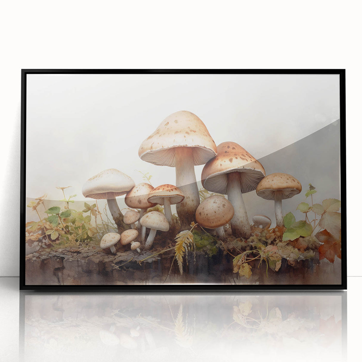 Framed wall art featuring a vibrant botanical design with flowers and mushrooms, set in a sleek black frame, perfect for home decor enhancement.