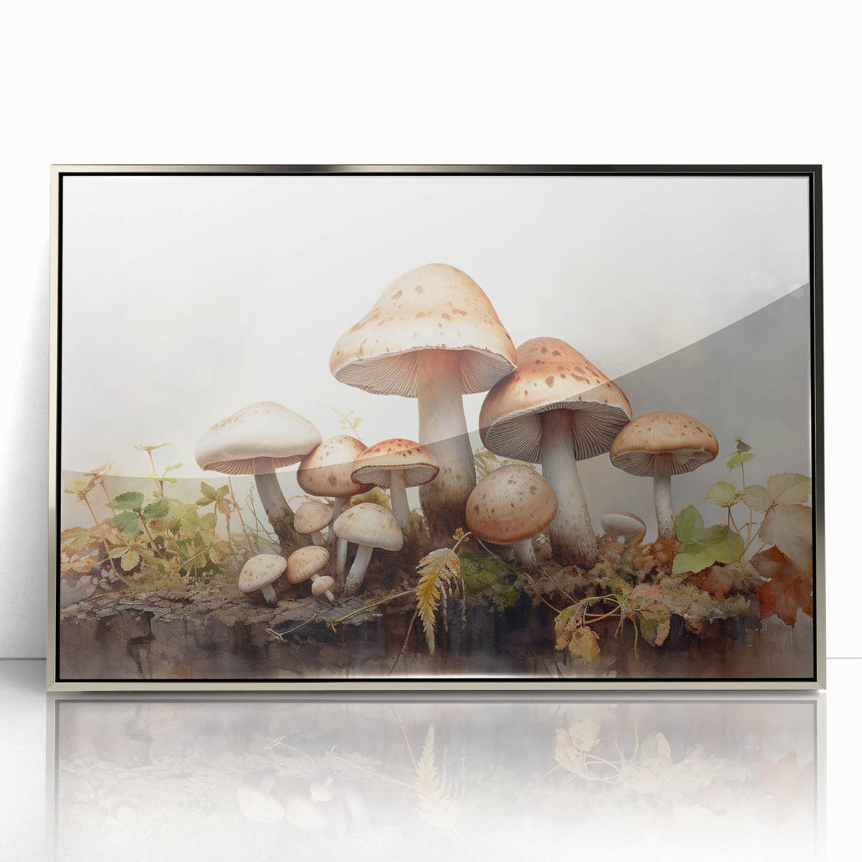 Framed wall art featuring a vibrant floral and botanical design with mushrooms, set in a sleek silver frame, perfect for enhancing home decor.