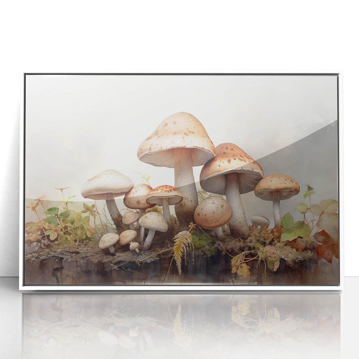 Framed wall art showcasing a vibrant floral and botanical design with mushrooms, set in a sleek white frame, perfect for home decor and nature enthusiasts.