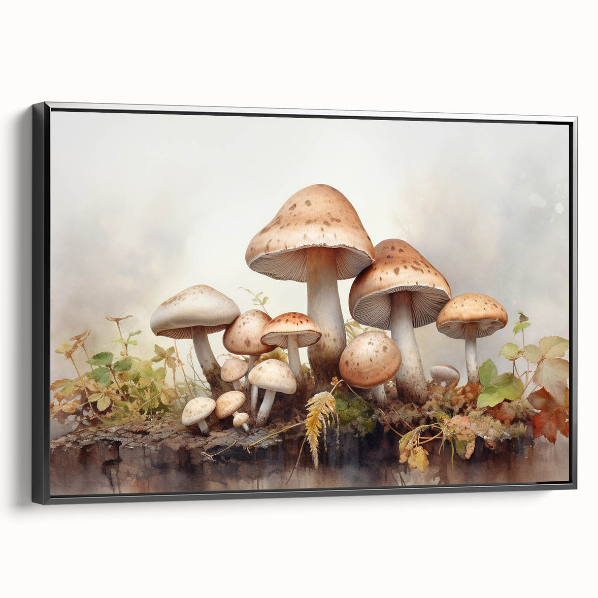 Framed canvas wall art showcasing a vibrant floral and mushroom design, featuring a black frame and side view, ideal for enhancing any modern home decor. Perfect for nature lovers, this piece adds a touch of elegance and whimsy to living spaces.