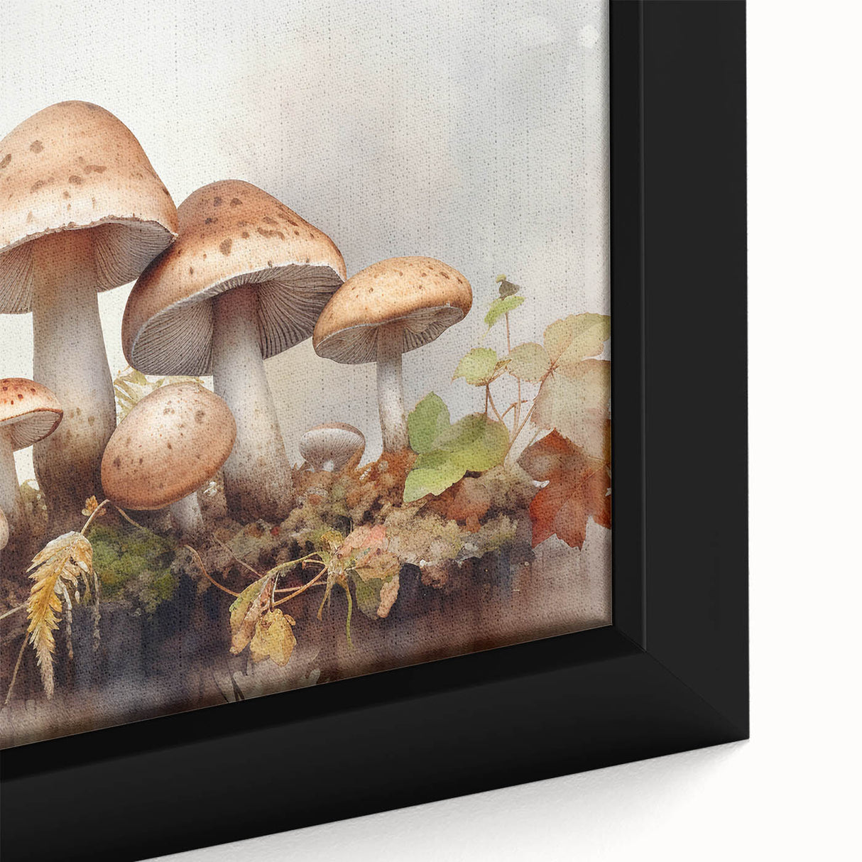 Close-up of a framed canvas wall art featuring vibrant floral and botanical mushroom designs, showcasing intricate details and rich colors, perfect for home decor.