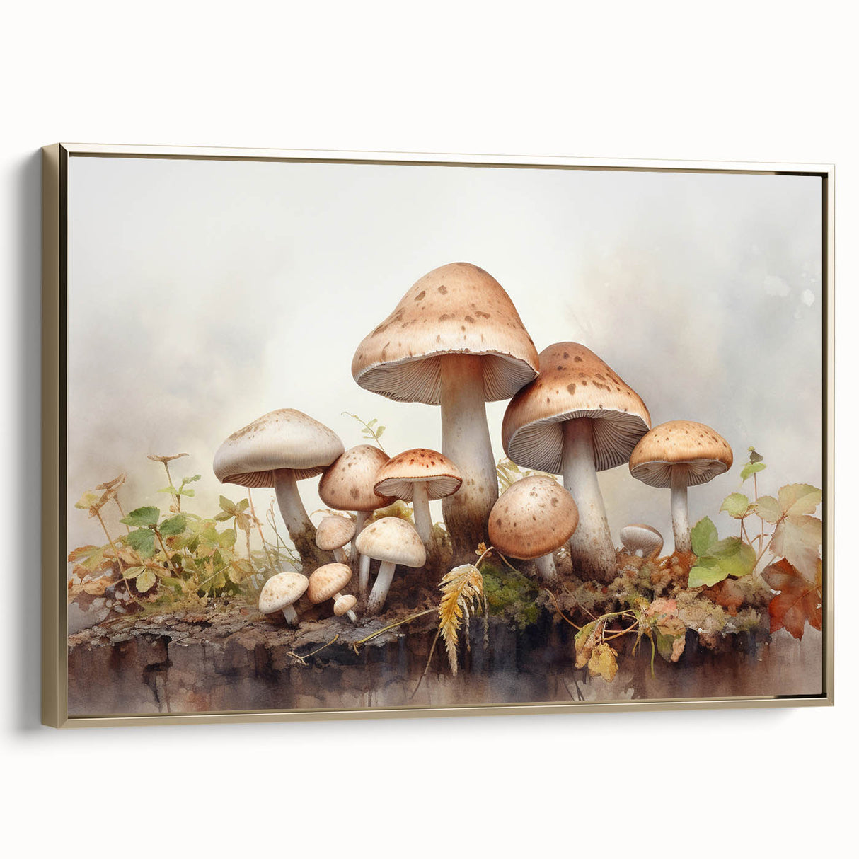 Framed wall art canvas showcasing a vibrant floral and botanical design with mushrooms, featuring a stylish gold frame that enhances its elegance, perfect for home decor.