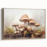 Framed wall art canvas showcasing a vibrant floral and botanical design with mushrooms, featuring a stylish gold frame that enhances its elegance, perfect for home decor.
