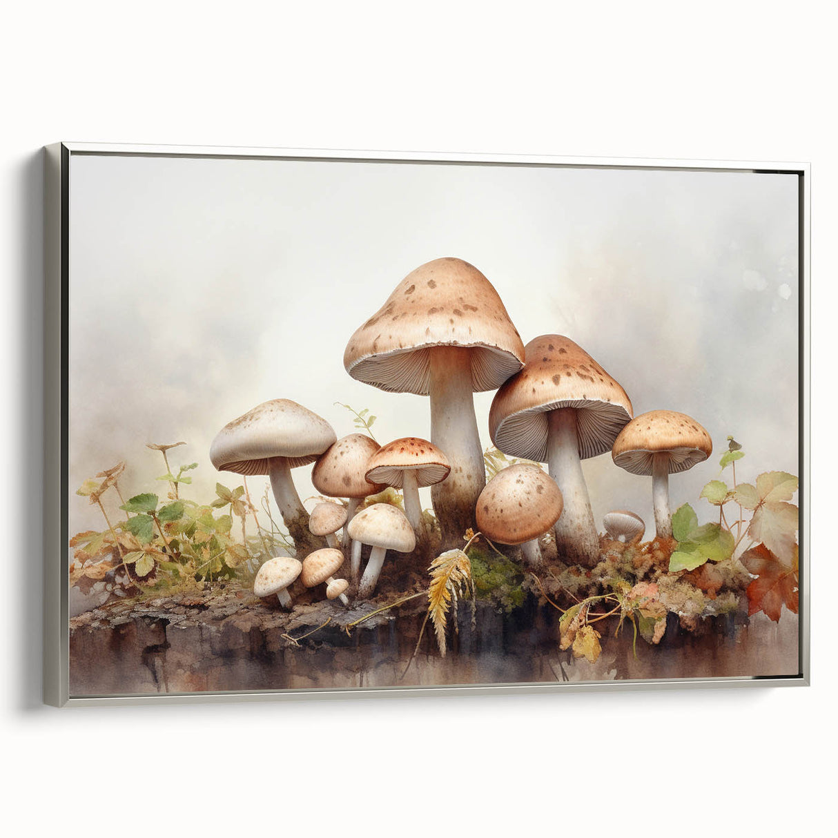 Framed wall art featuring a vibrant design of flowers and botanical mushrooms, set against a silver frame. Ideal for enhancing home decor with a natural theme.