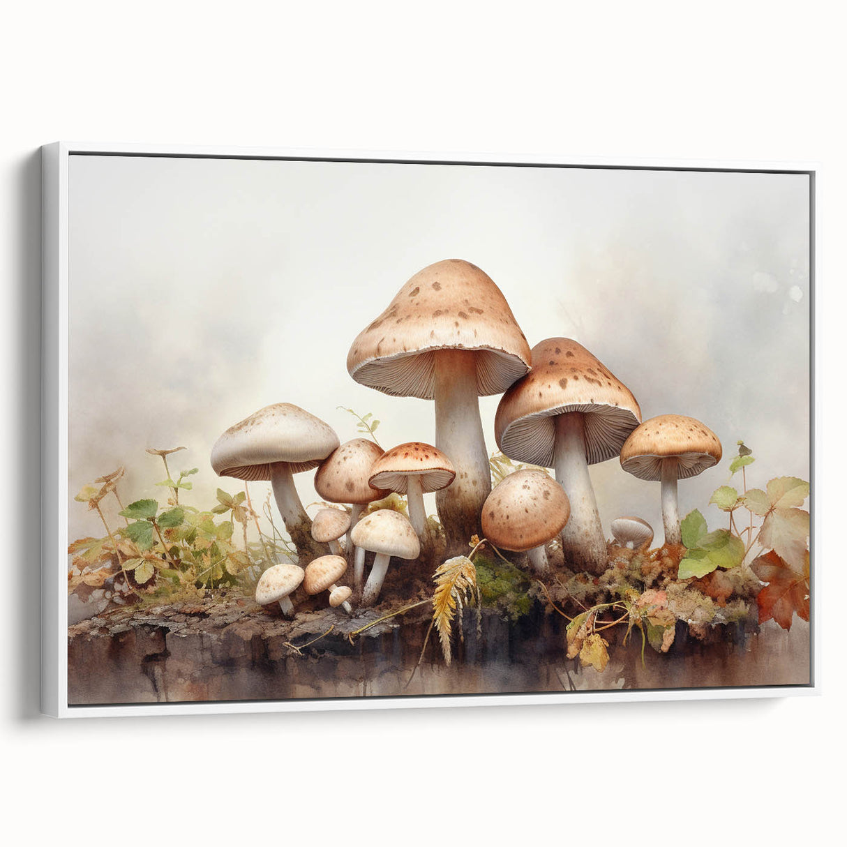 Framed canvas wall art showcasing a vibrant botanical design with colorful flowers and mushrooms, displayed from a white side view, perfect for nature-themed decor.