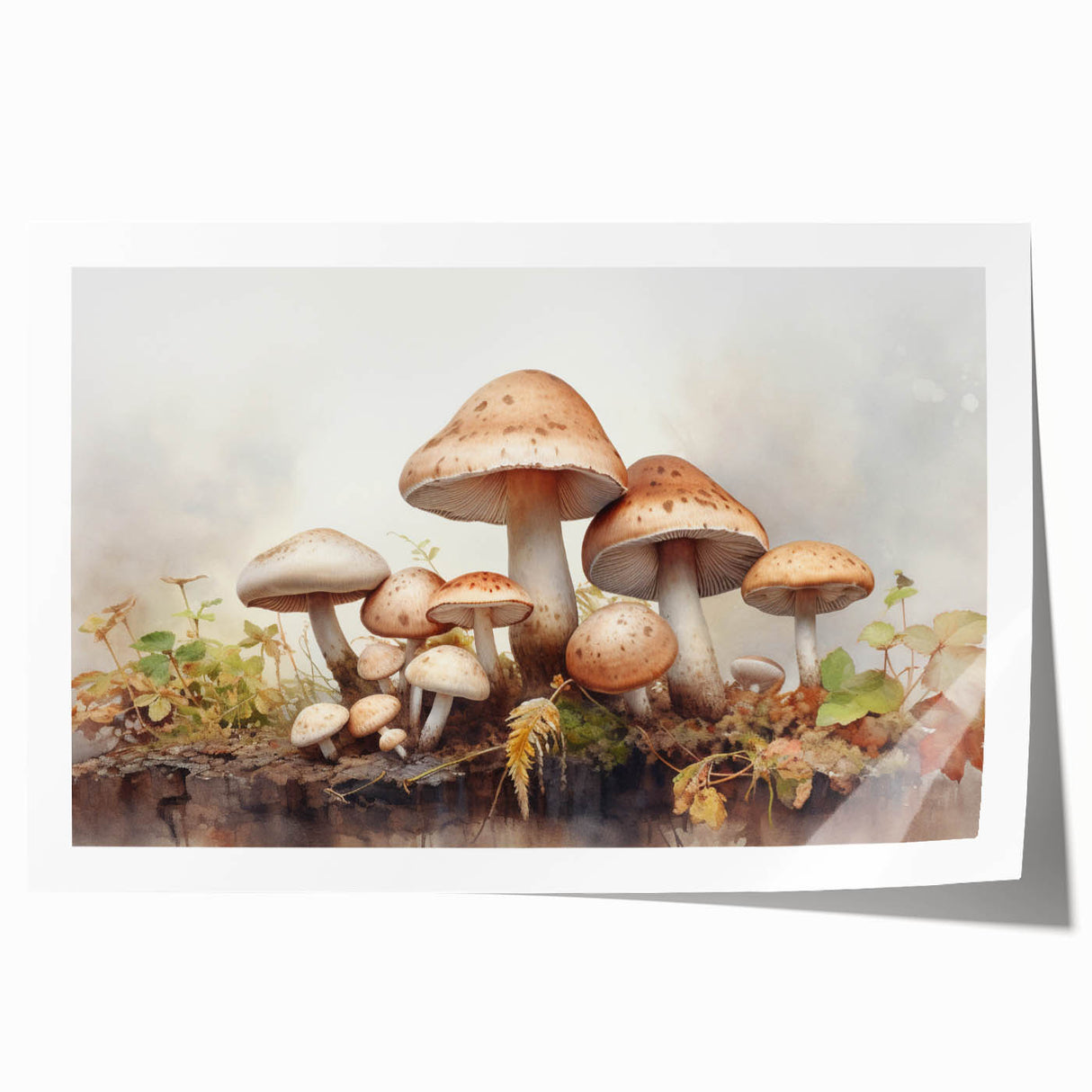 Botanical wall art print featuring vibrant flowers and mushrooms, designed in a modern style. Rolled and packaged in a protective cardboard tube for easy display.
