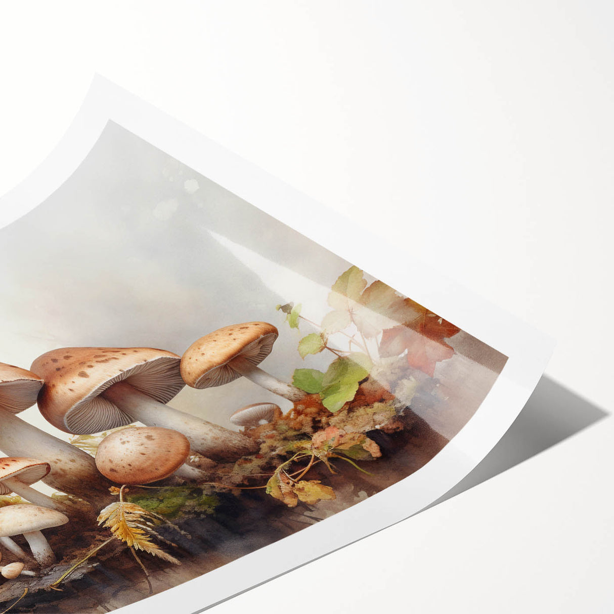 Botanical wall art print featuring vibrant flowers and mushrooms, rolled and packaged in protective cardboard, ideal for home decor and nature enthusiasts.