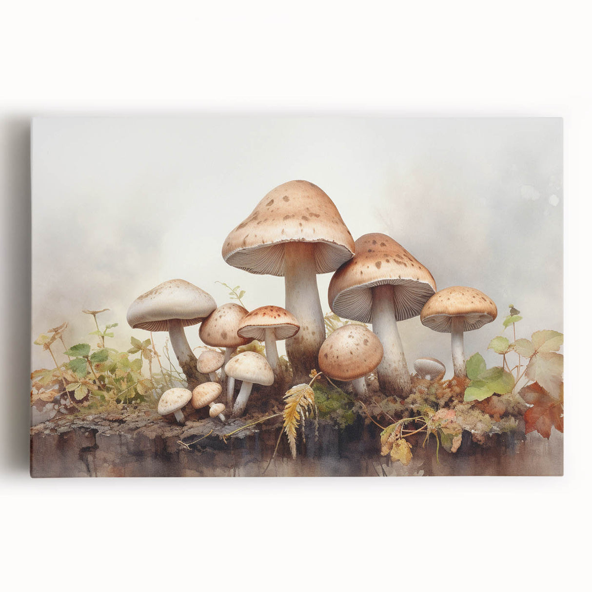 Stretched canvas wall art featuring a vibrant floral and botanical design with mushrooms, showcasing intricate details and rich colors, perfect for home decor.