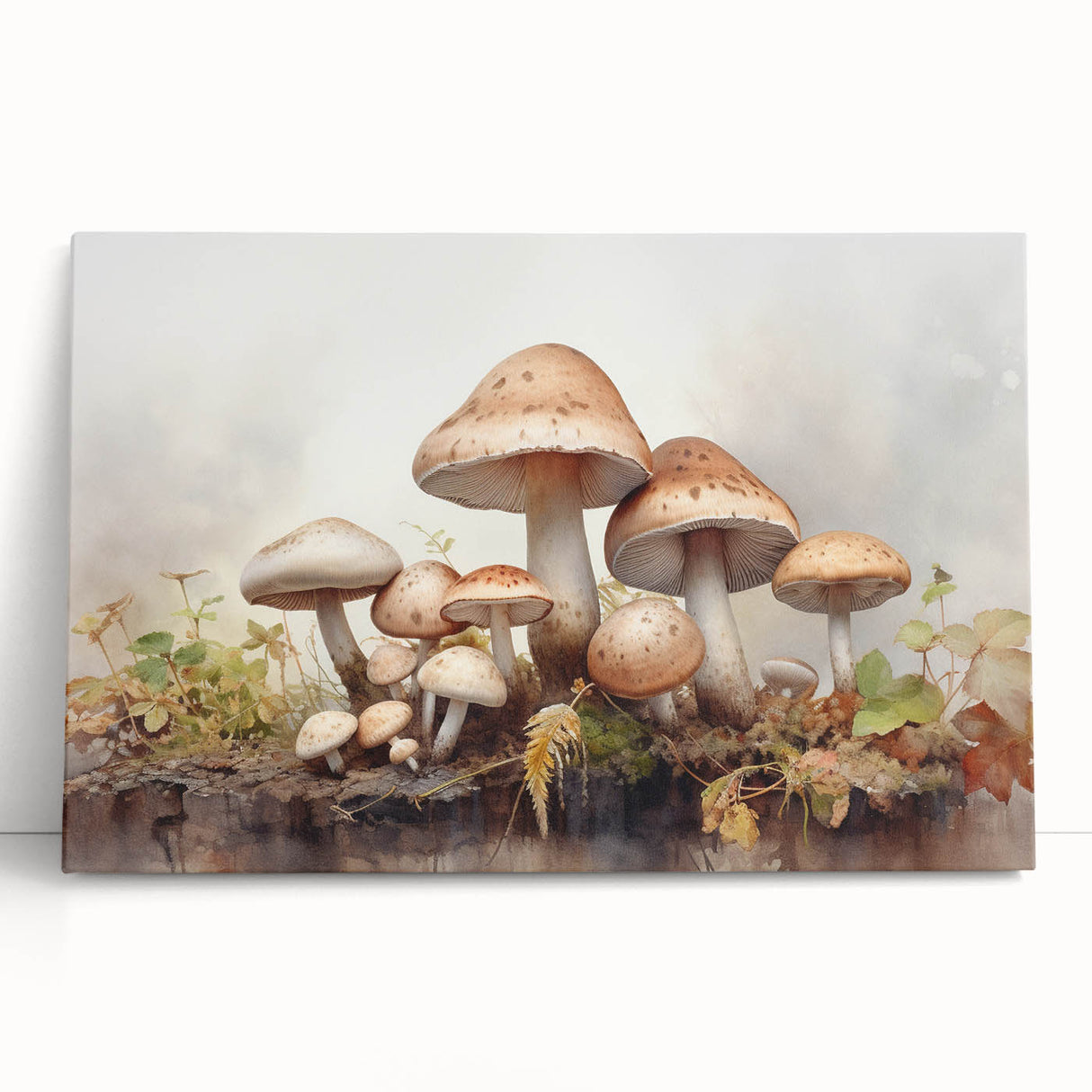 Floral and botanical wall art featuring vibrant mushrooms and greenery, stretched on canvas and leaning against a wall, perfect for home decor enhancement.