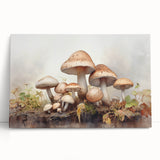 Floral and botanical wall art featuring vibrant mushrooms and greenery, stretched on canvas and leaning against a wall, perfect for home decor enhancement.
