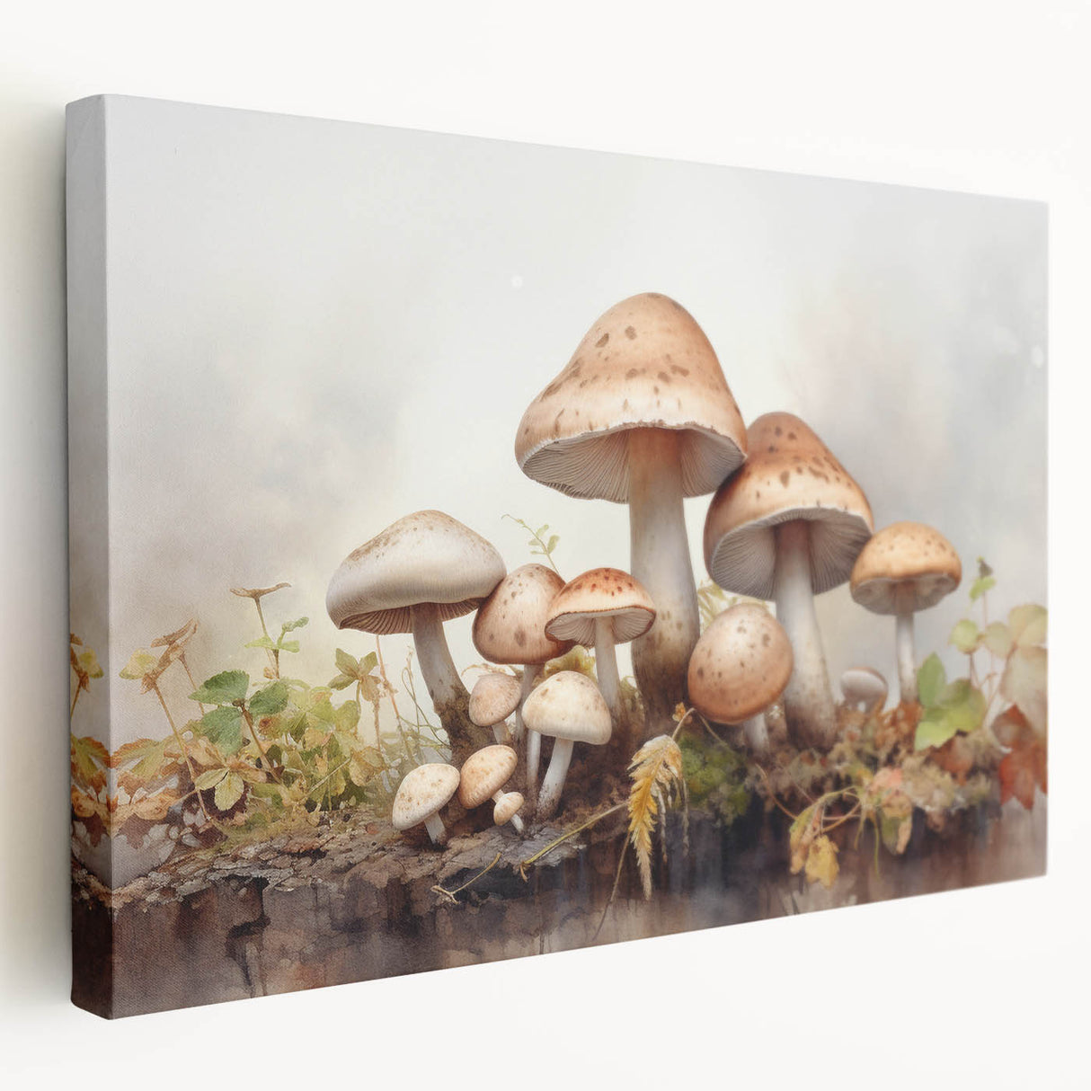 Stretched canvas wall art showcasing a vibrant floral and botanical mushroom design, featuring rich colors and intricate details, ideal for home decor.