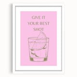 Abstract art print of assorted food and drinks in muted earth tones, framed with a white mat, suitable for dining room decor.