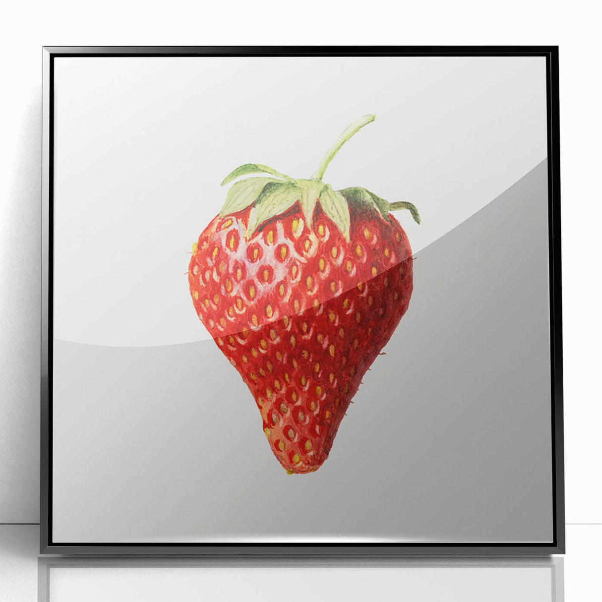 Large abstract wall art featuring assorted fruits in bold colors on a black acrylic framed print.