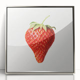 Mid-century modernist art featuring assorted fruits in vibrant colors on a silver-framed acrylic print.