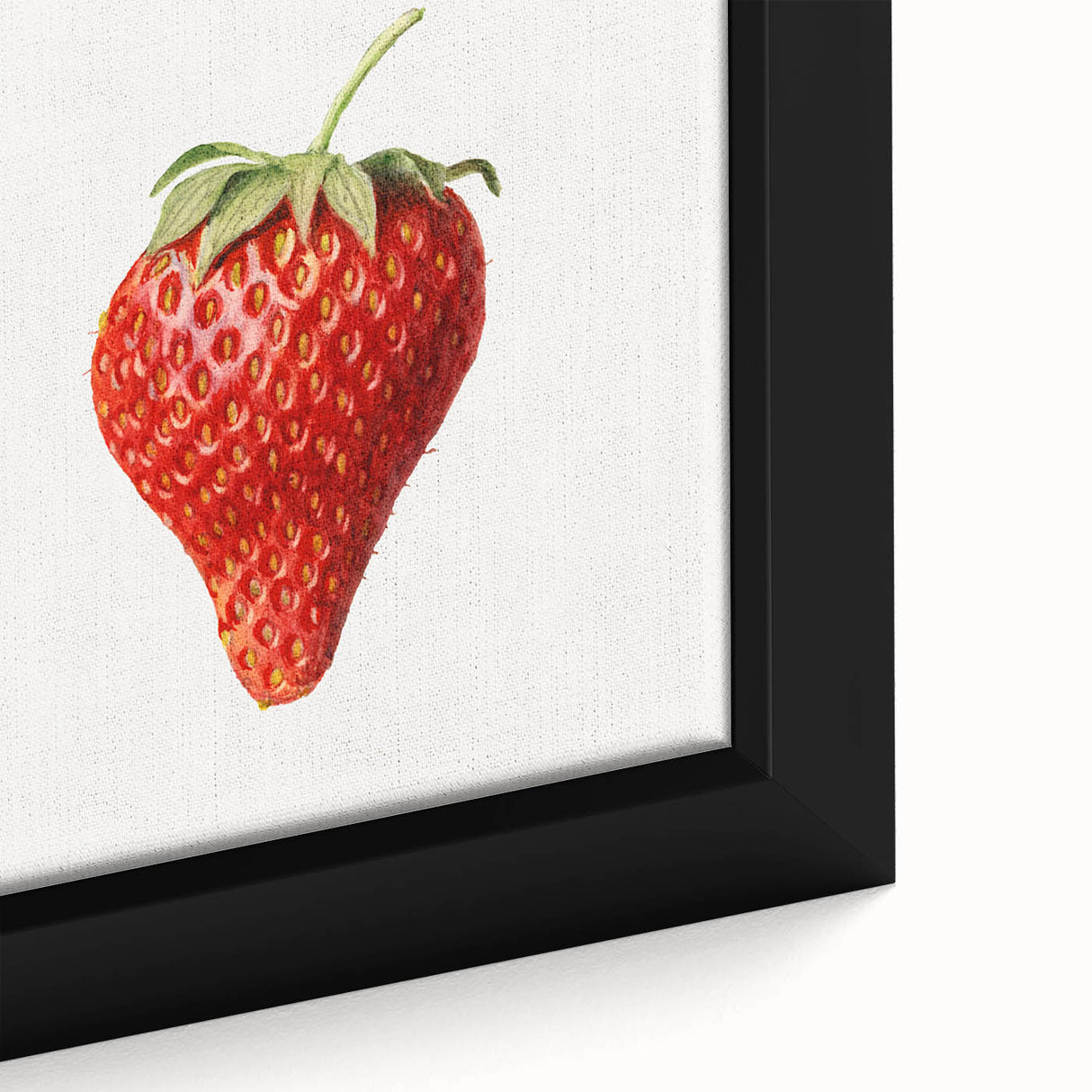 Close-up of a black framed canvas featuring vibrant, textured depictions of various fruits, ideal for living room decor.